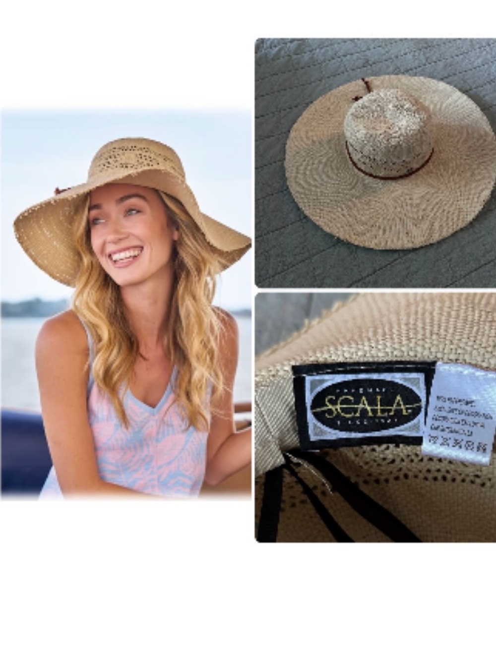 Scala Beige Straw floppy Sun Hat with brown Ribbon